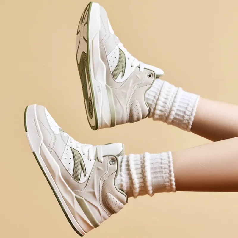 Anta Anti-Slip Wear-Resistant High-Top Skateboard Shoes Women's White Gray Green-2