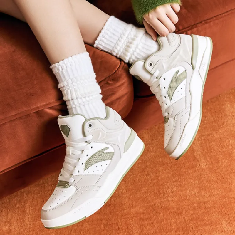 Anta Anti-Slip Wear-Resistant High-Top Skateboard Shoes Women's White Gray Green-4