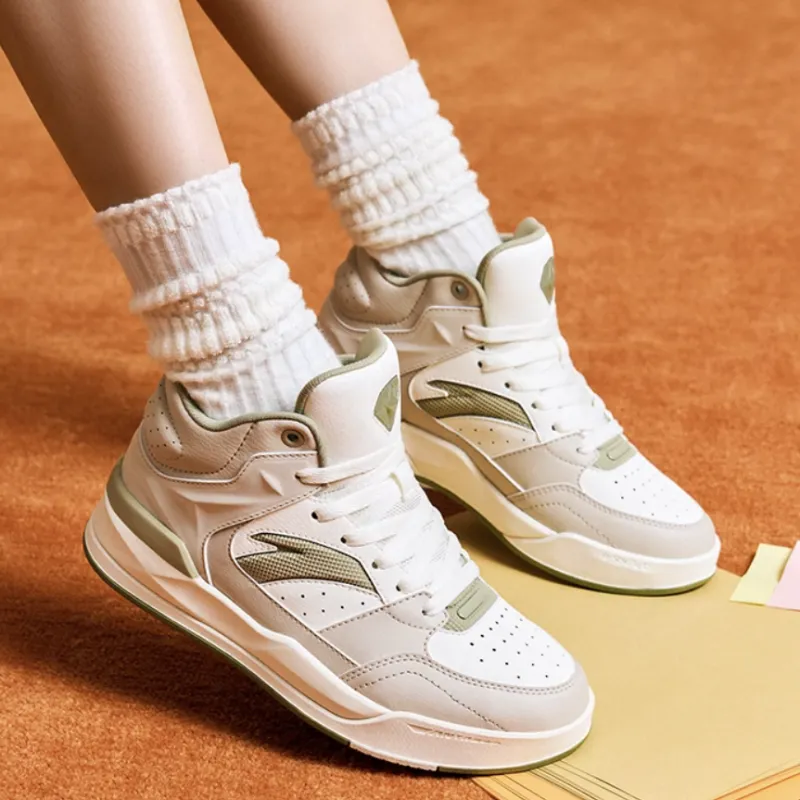 Anta Anti-Slip Wear-Resistant High-Top Skateboard Shoes Women's White Gray Green-1