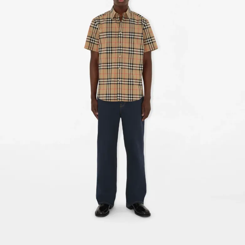 Burberry Check Cotton Shirt Shirt Men's Beige-1