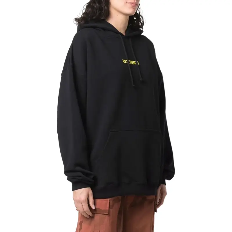 Vetements Logo Label Hoodie 'Black/Neon Yellow'-3