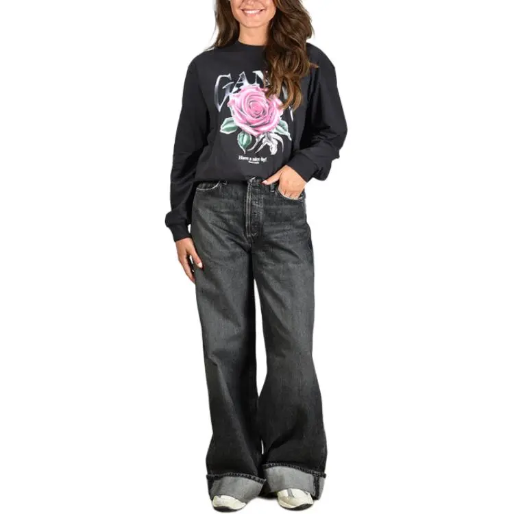 GANNI Rose Printed Long Sleeved T Shirt-1