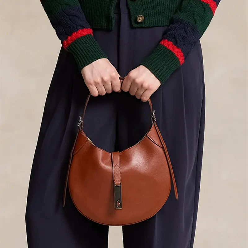 Polo Ralph Lauren Polo ID Cow Leather Handbag, Shoulder Bag Trumpets Women's Brown-4