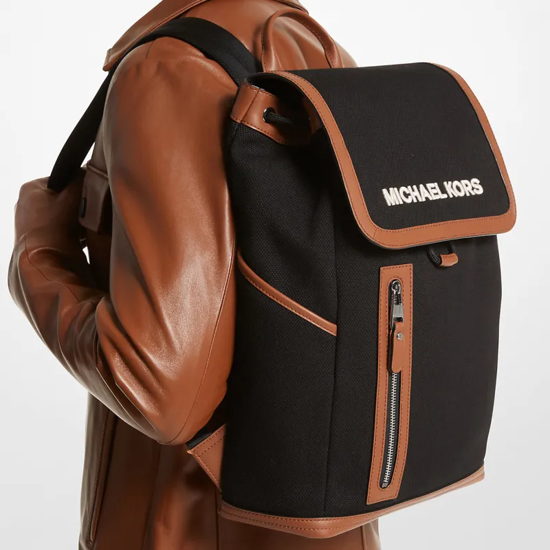 MICHAEL KORS Fabric Bonded Split Cow Leather Backpack Men's Black & Chestnut-3