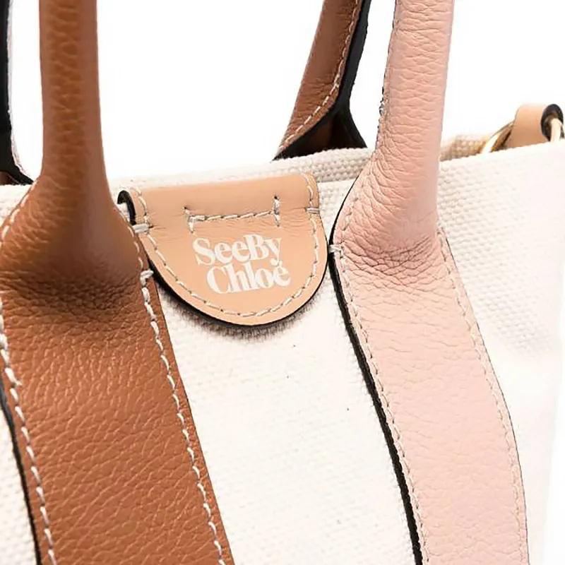 See By Chloe Laetizia Canvas With Leather Tote Bag, Shopping Bag, Crossbody Bag, Handbag Mini Women's Caramel-4