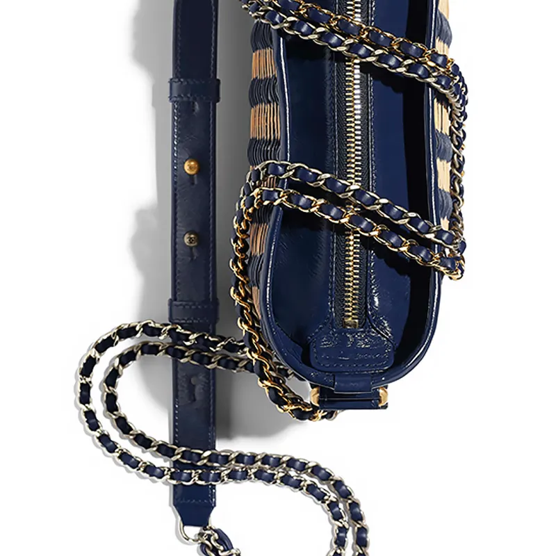 CHANEL Bamboo Woven With Cow Leather Shoulder Bag, Crossbody Bag, Handheld Backpack Trumpets Women's Beige/Marine Blue-4