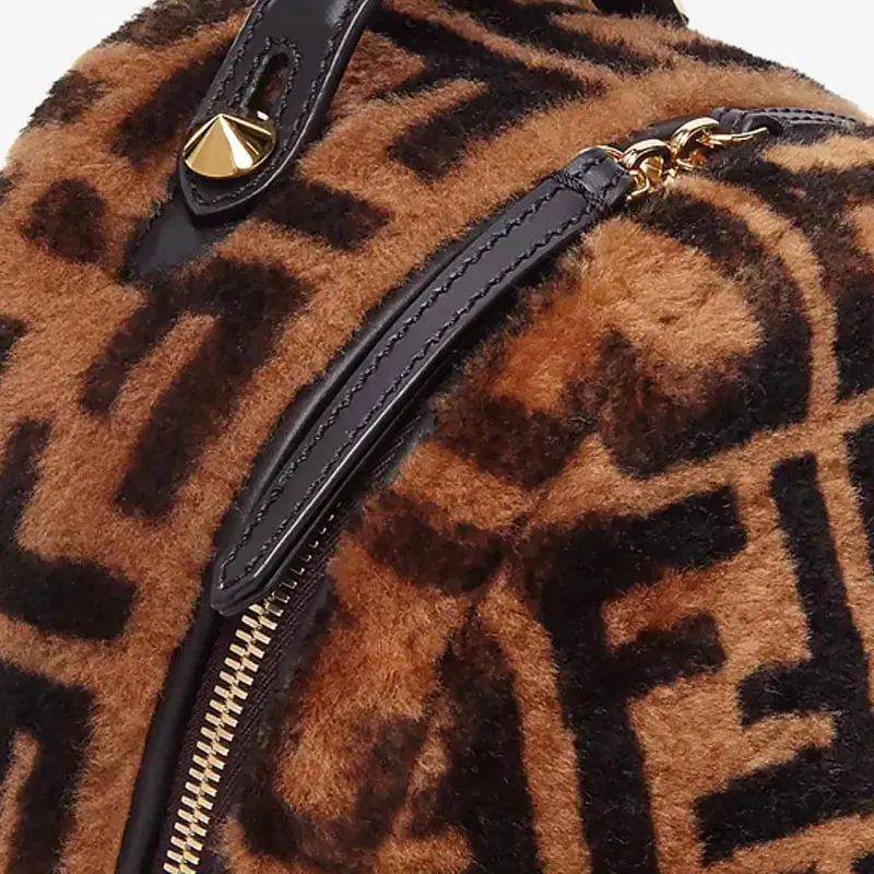 FENDI Shearling Cow Leather Patchwork Backpack Women's Brown-4