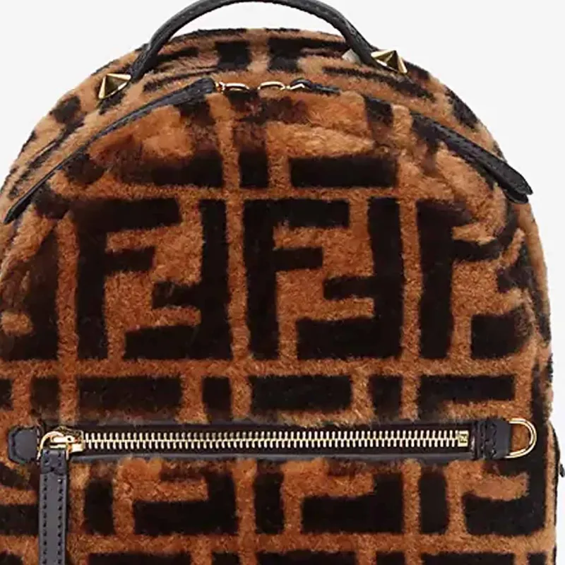 FENDI Shearling Cow Leather Patchwork Backpack Women's Brown-3