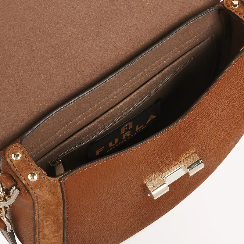 Furla Club 2 Grain Calfskin With Suede Saddle Bag, Crossbody Bag, Shoulder Bag Trumpets Women's Brown-3