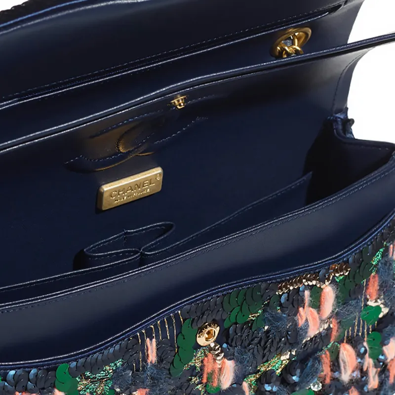 CHANEL Classic Flap CF Silk Satin Wool With Metallic Beads Shoulder Bag, Crossbody Bag Women's Blue/Green/Pink-3
