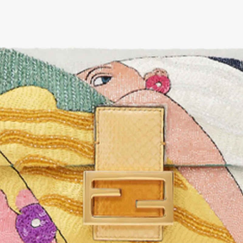FENDI Baguette Satin Polyester Shoulder Bag Handbag Medium Size Women's Yellow/Multicolor-1