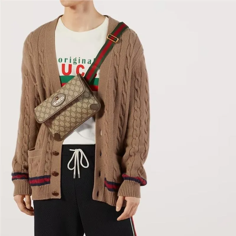 GUCCI Neo Vintage Series Canvas With Leather Messenger Bag Fanny Pack Crossbody Bags Small Size Men's Ebony/Brown-7