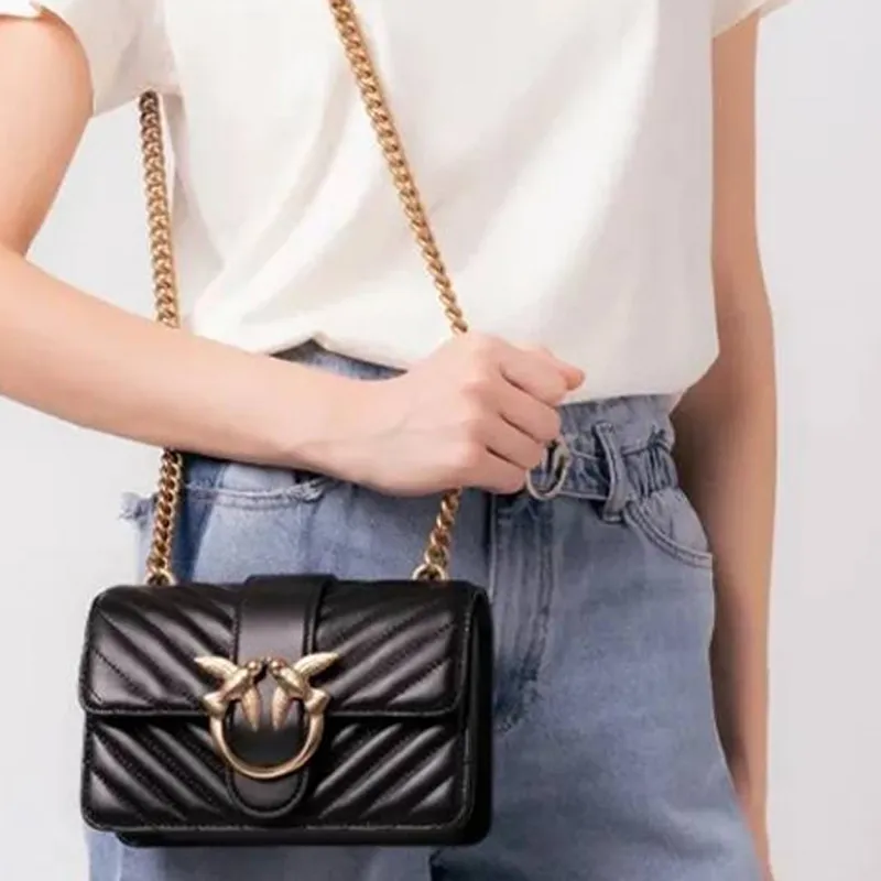 PINKO Quilt Sheepskin Swallow Bag, Shoulder Bag, Crossbody Bag Mini Women's Black/Black Gold-5