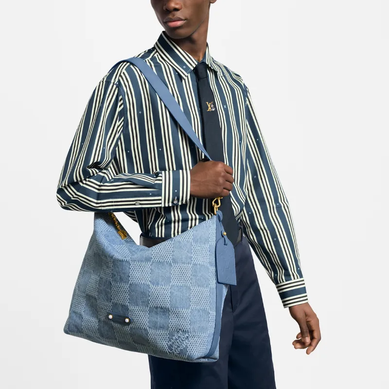 LOUIS VUITTON Denim Hobo Bag Shoulder Bag Men's Blue-6