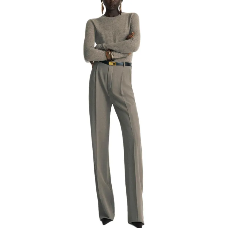 SAINT LAURENT High Waist Straight Leg Trousers 'Taupe'-3