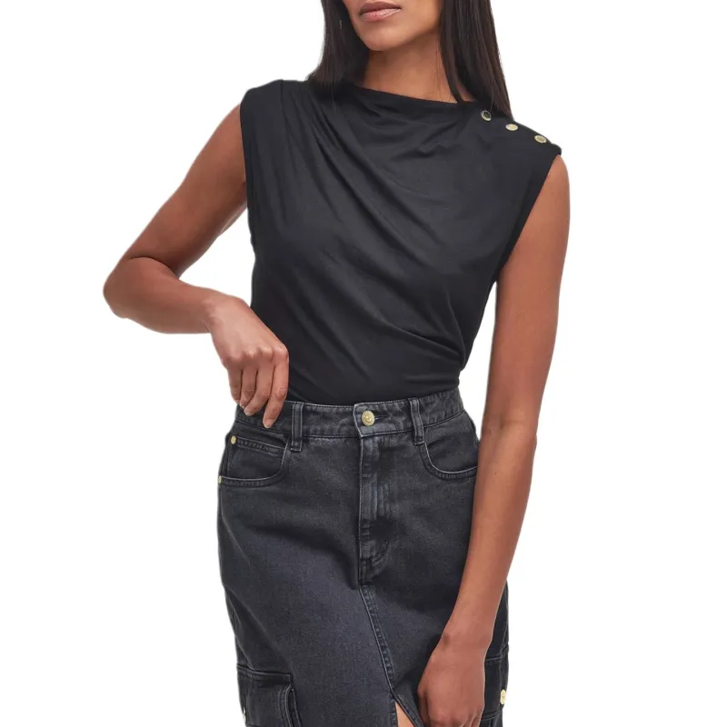 BARBOUR Solid Color Button Crew Neck Pullover Sleeveless T-Shirt Women's Black-2