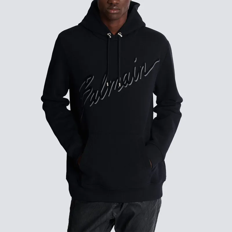 BALMAIN Flocked Logo Drawstring Hoodie-2