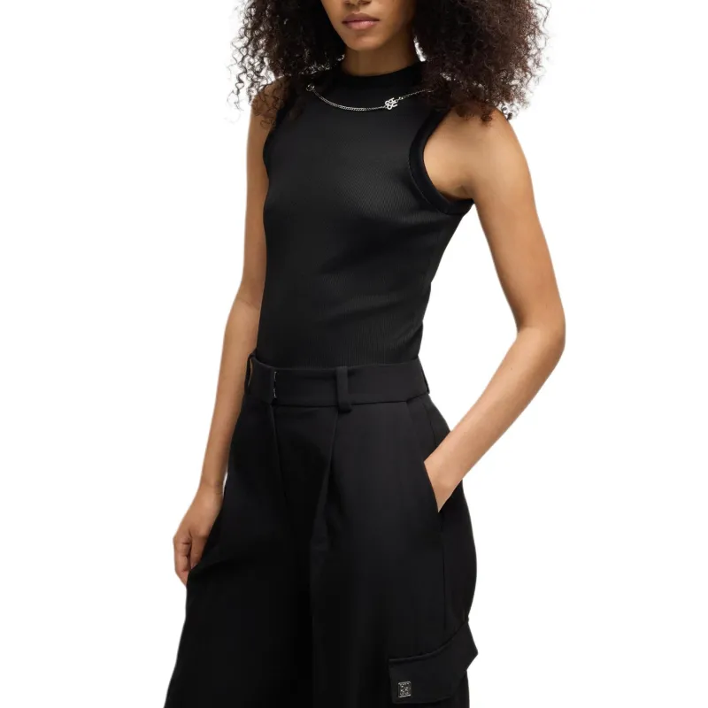 HUGO BOSS Solid Color Logo Letter Print Necklace Crew Neck Pullover Fitted Sleeveless T-Shirt Women's Black-1