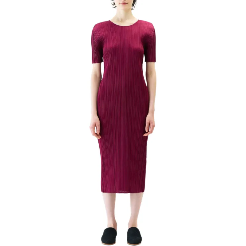 PLEATS PLEASE ISSEY MIYAKE Short Sleeved Dresses Women's Burgundy-1