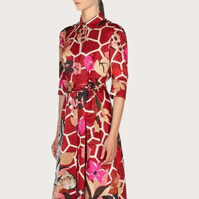 Ferragamo Short Sleeved Dresses Women's Red-5