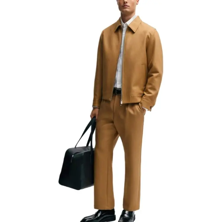 HUGO BOSS FW23 Zip-Up Slim-Fit Jacket In Cotton Jackets Coats Men's Brown-1