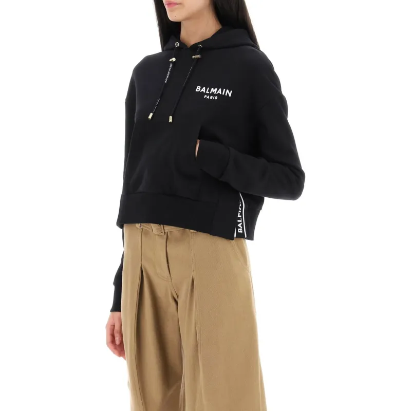 BALMAIN Flocked Logo Drawstring Cropped Hoodie-3