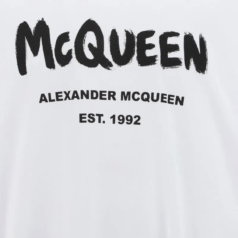 Alexander McQueen Logo Letter Print Crew Neck Short Sleeved T Shirt Men's White-5
