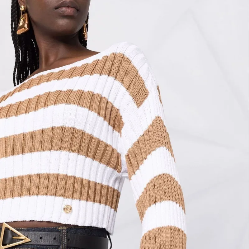 BALMAIN Cropped Off Shoulder Striped Knit Top 'White/Tan'-4