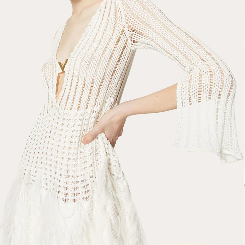 Valentino Crochet Knit Feathered Mini Dress 'White'-4