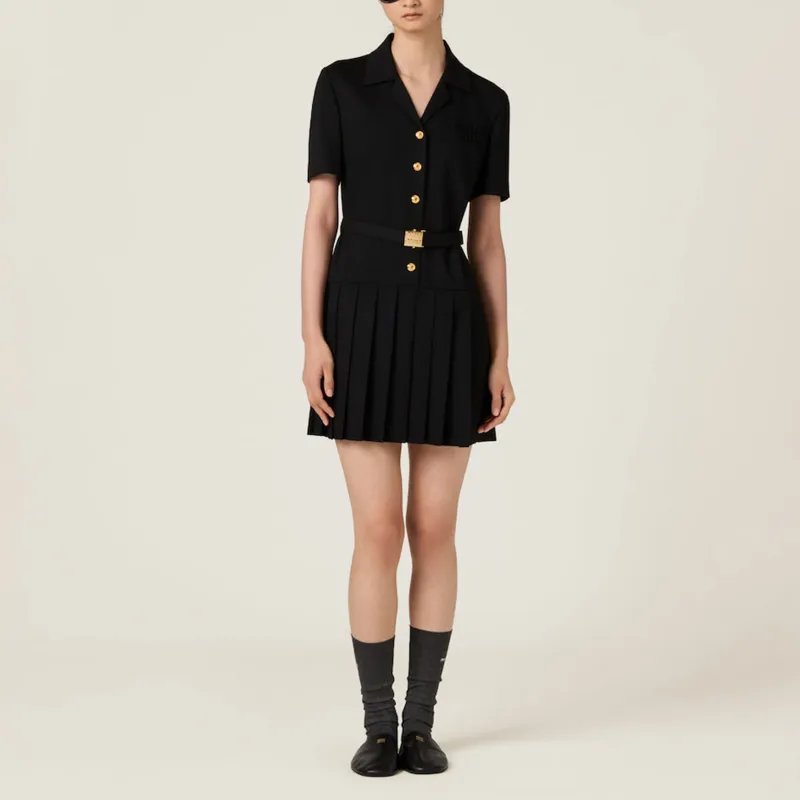 MIU MIU Short Sleeved Belted Pleated Dress-2