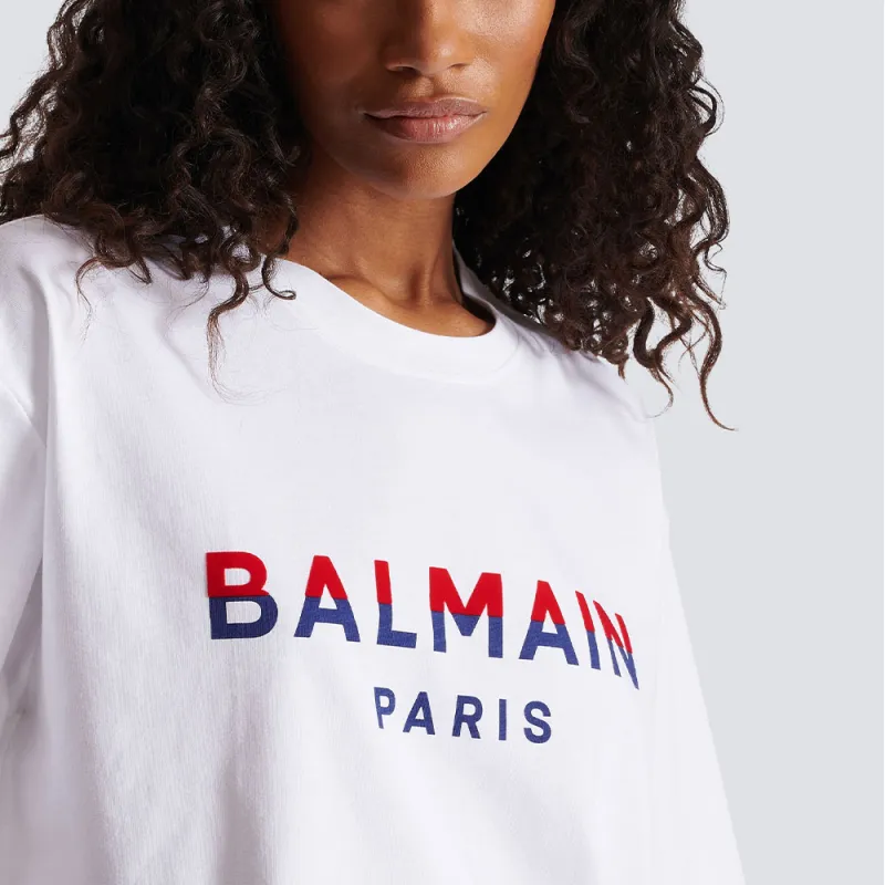BALMAIN Flocked-logo Cropped Organic-cotton T-shirt-4