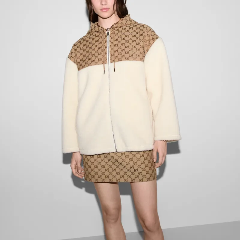 GUCCI Intarsia Wool Fleece Zip Jacket 'White/Camel'-2