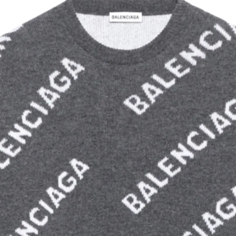 Balenciaga All Over Logo Wool Crewneck 'Dark Grey/White'-4