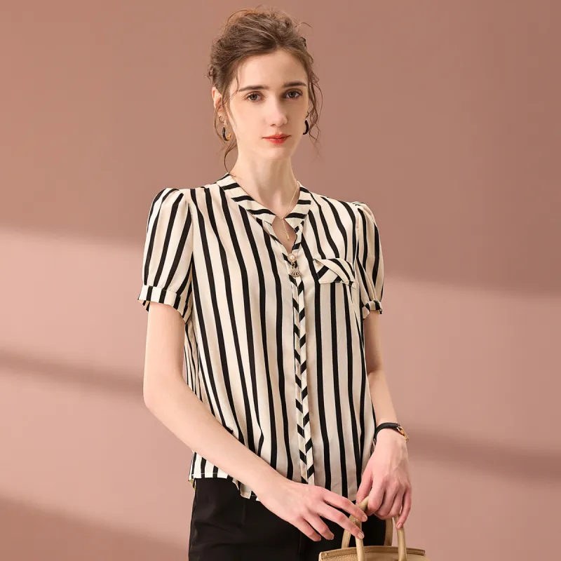 FENHONGMALI Shirt Women's Black White Stripes-2