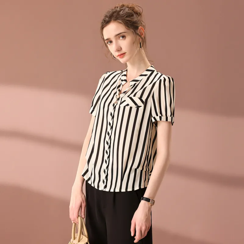 FENHONGMALI Shirt Women's Black White Stripes-3