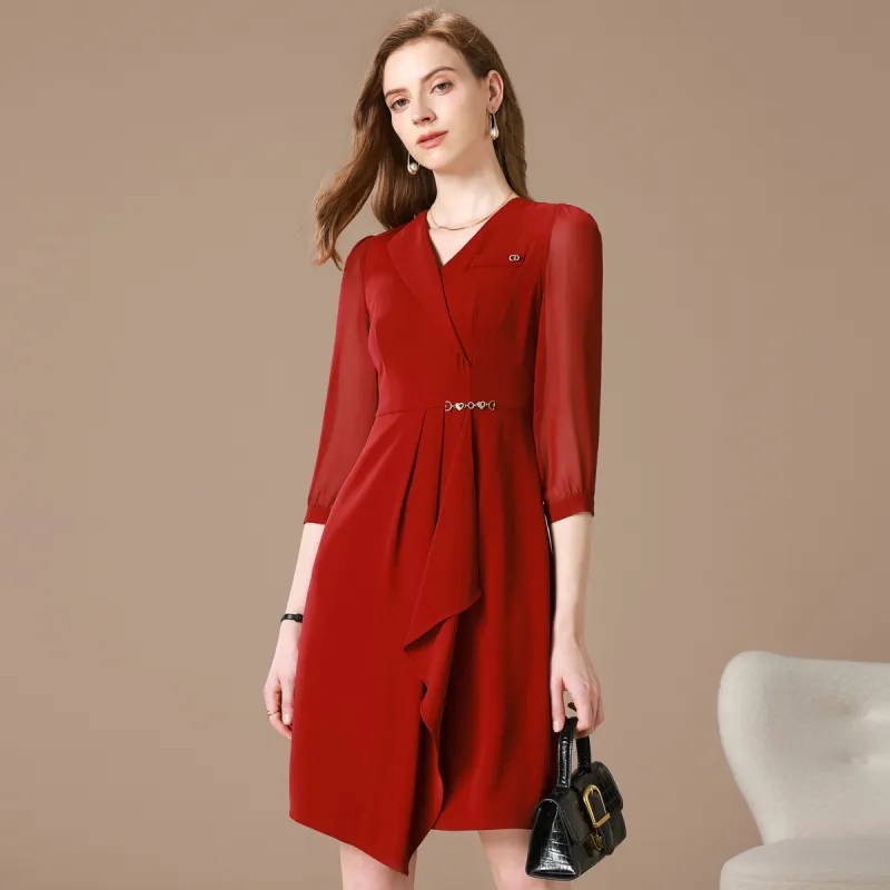 FENHONGMALI Long Sleeved Dress Women's Red-3