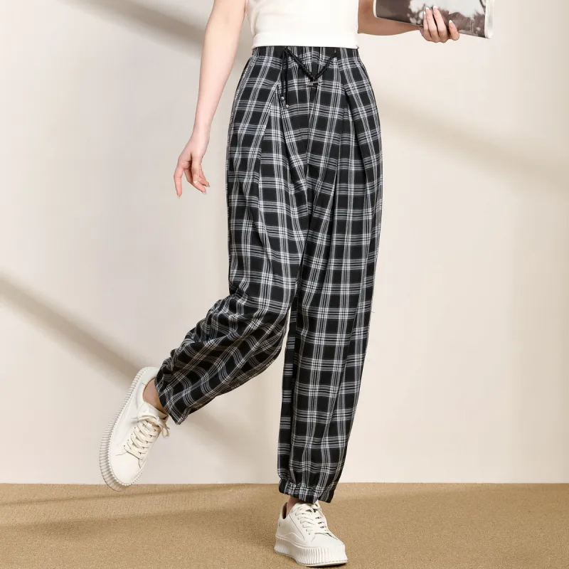 FENHONGMALI Casual Pants Women's Black White Plaid-3