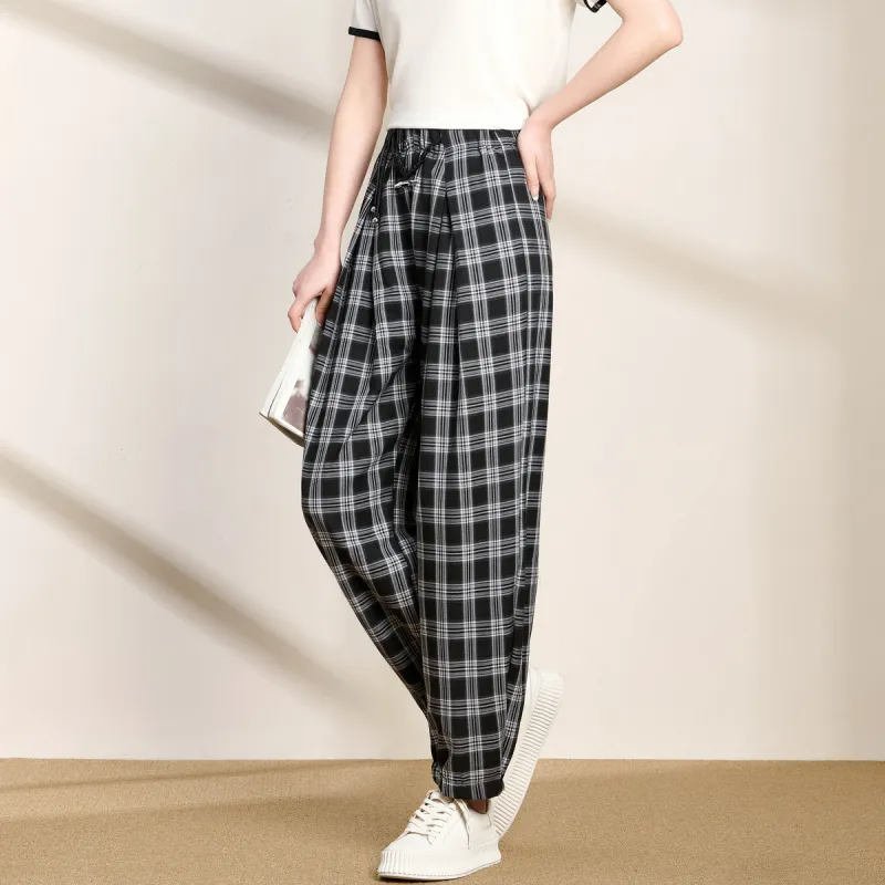 FENHONGMALI Casual Pants Women's Black White Plaid-2