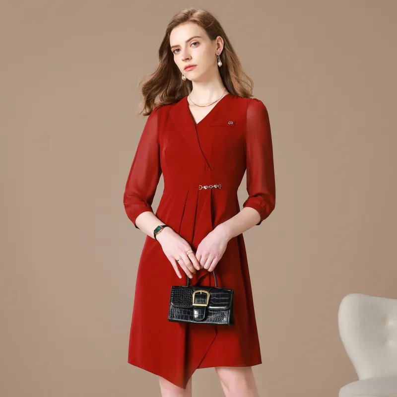 FENHONGMALI Long Sleeved Dress Women's Red-2