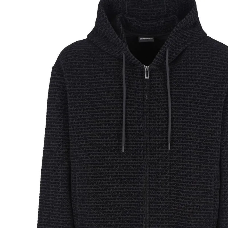 EMPORIO ARMANI Double jersey Hooded Zip up Sweatshirt With All over Flocked Lettering-3
