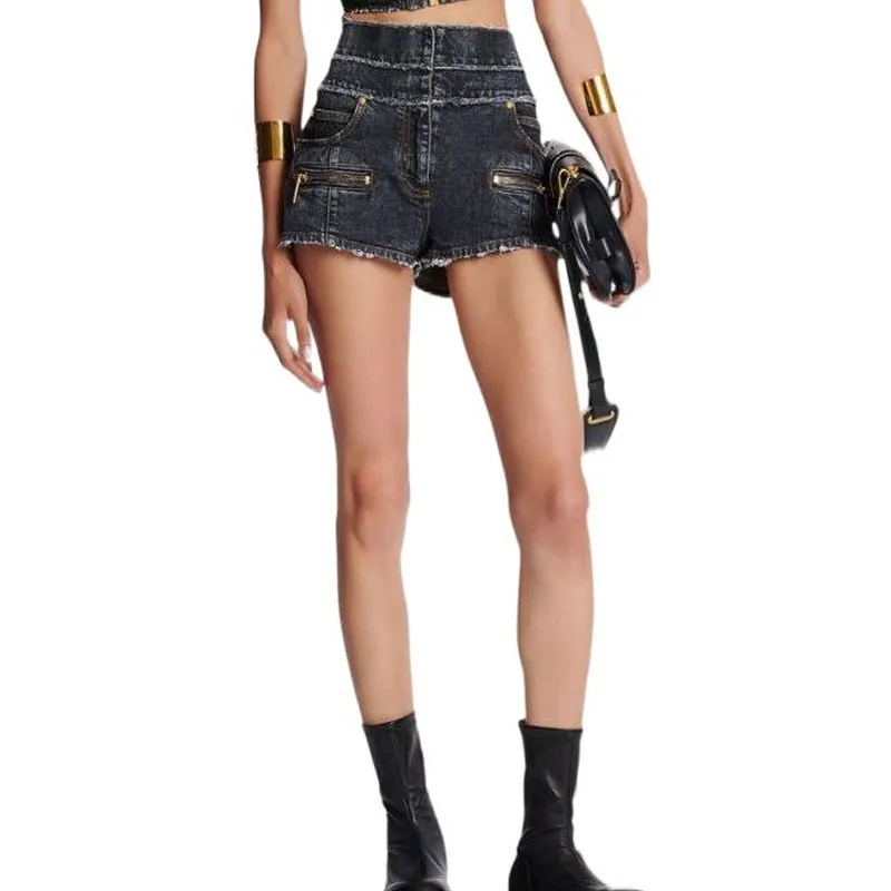 BALMAIN High Waist Faded Denim Mini Shorts-2