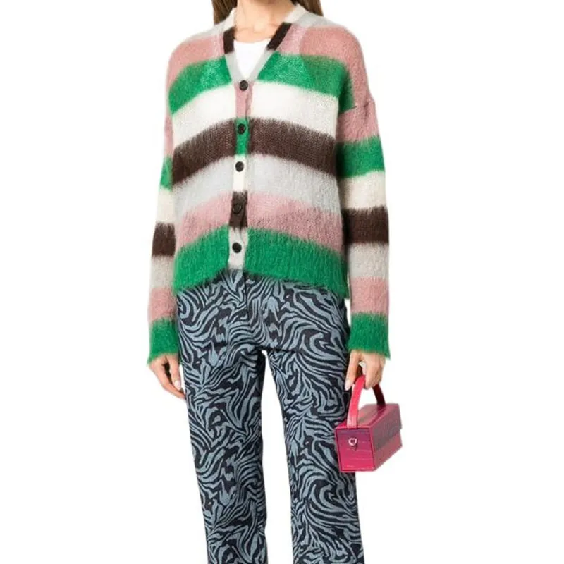LOEWE Stripe Mohair Cardigan 'Green/Pink'-2