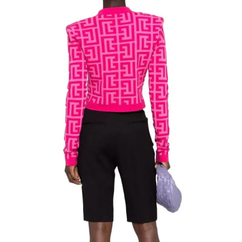 BALMAIN Cropped Maxi Monogram Knitted Cardigan 'Pink'-2