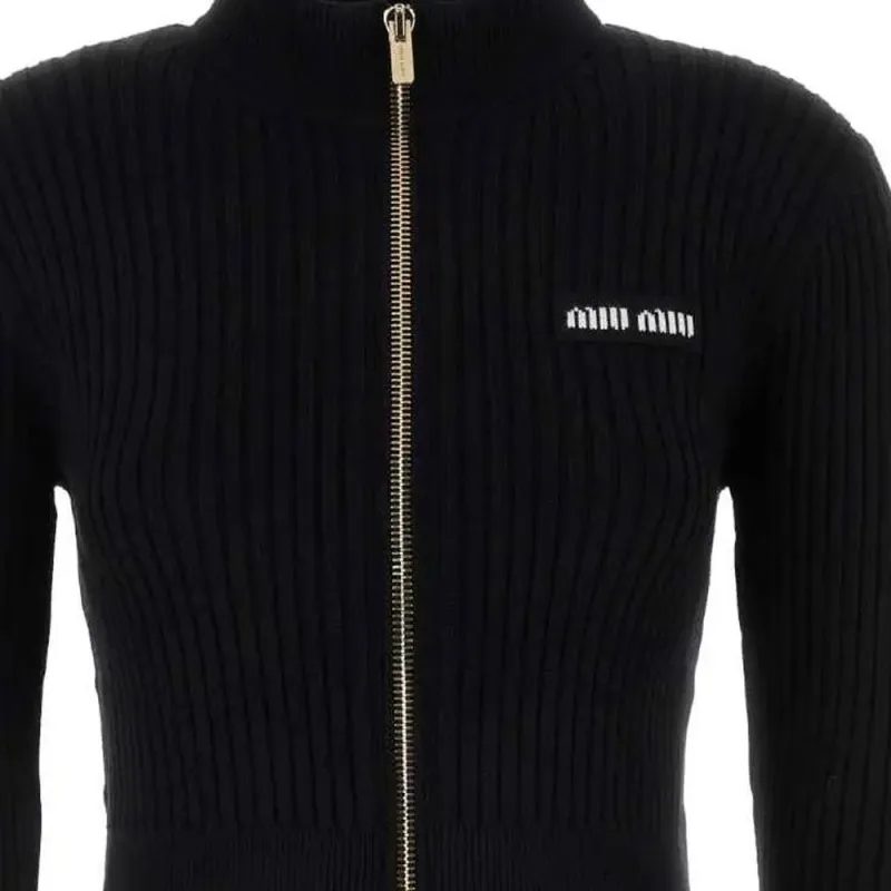 MIU MIU Logo Detailed Zip Up Knitted Cardigan-3