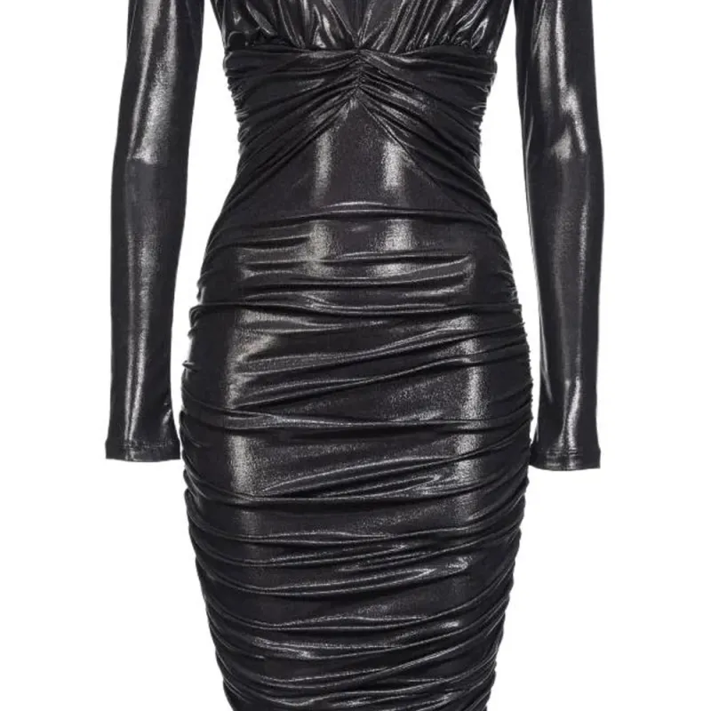 PINKO Asymmetric-Hem Gathered Metallic Midi Dress-6