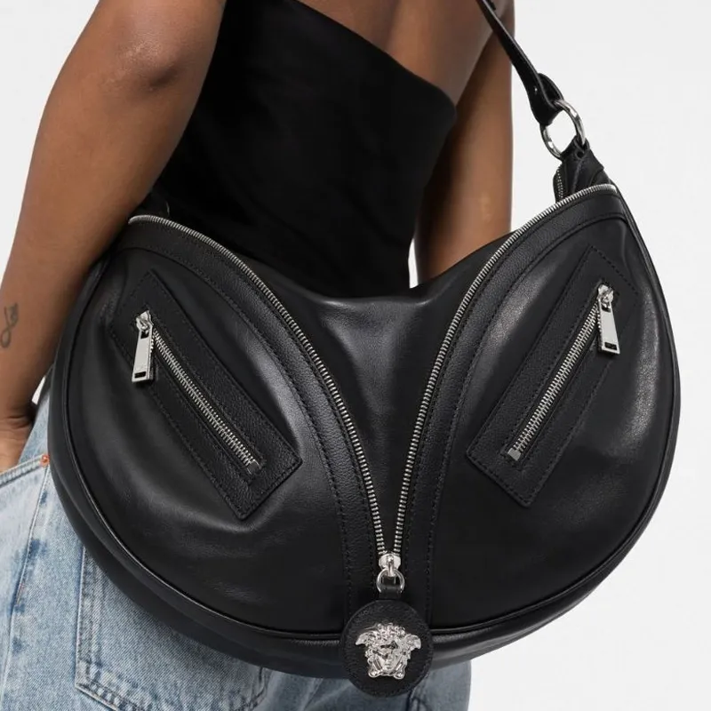 VERSACE Cow Leather Crescent Bag Handbag, Shoulder Bag Women's Black-4