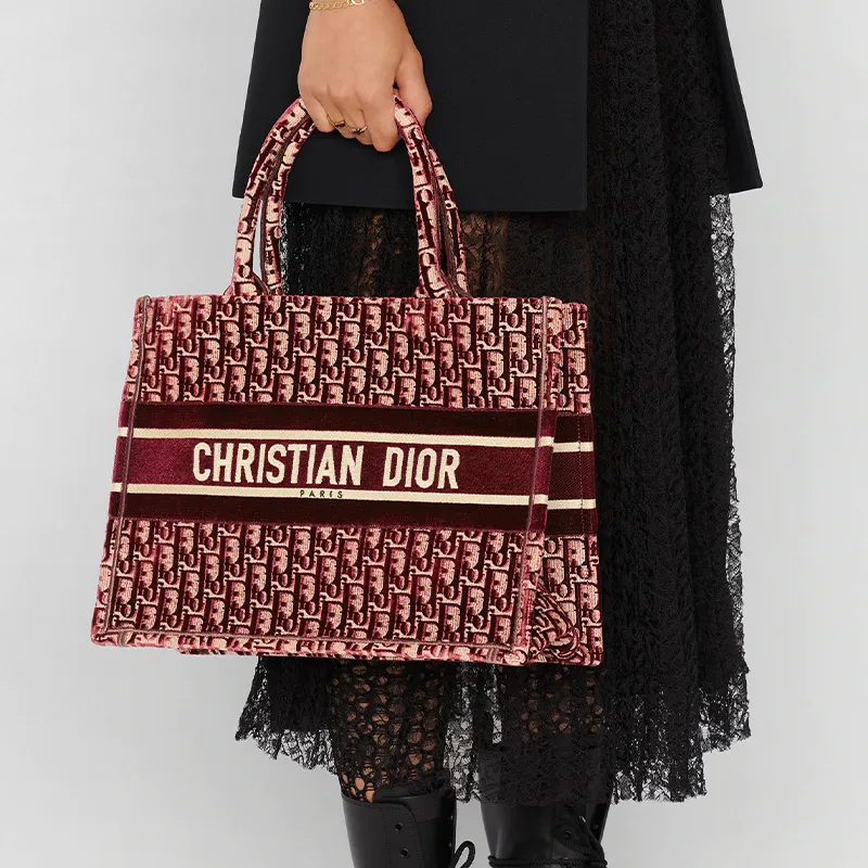 DIOR BookTote Slanted Embroidered Velvet Handbag Small Size Women's Burgundy-5