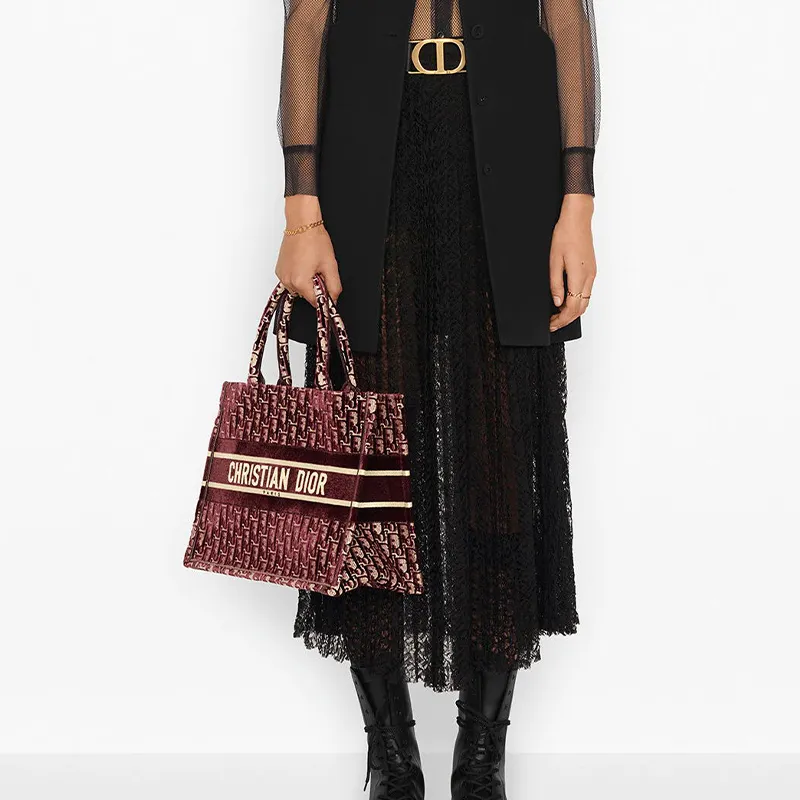 DIOR BookTote Slanted Embroidered Velvet Handbag Small Size Women's Burgundy-4