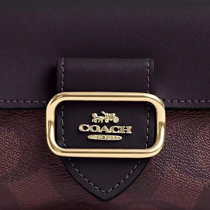 COACH Morgan Canvas With Leather Coin Purses Wallets Women's Gold & Dark Red-3