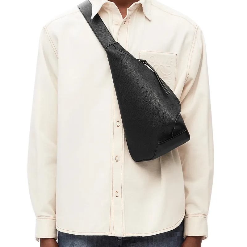 LOEWE Anton Sling Soft Smooth Cow Leather With Jacquard Fabric Sling Bag Men's Black-5